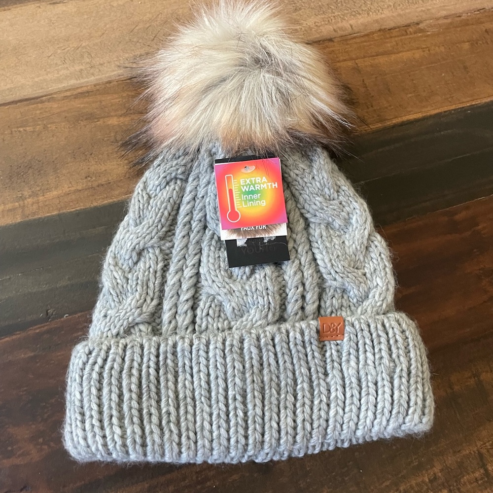 Gray and faux fur beanie.